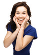 Woman is holding her face in astonishment