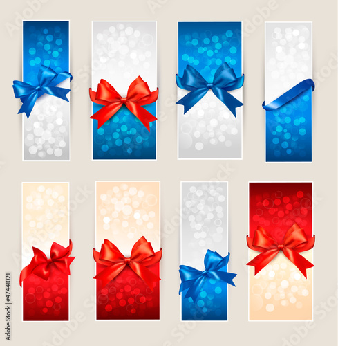 Vector: Set of colorful Gift cards with gift bows with ribbons. Vector Set of colorful Gift cards with gift bows with ribbons. Vector