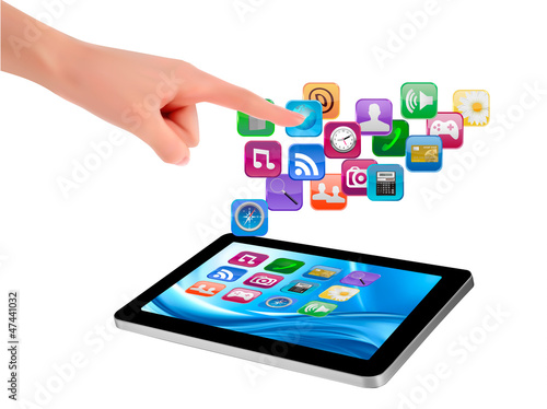 Vector: Hand holding touch pad pc and finger touching it screen pc. Vect Hand holding touch pad pc and finger touching it screen pc. Vect
