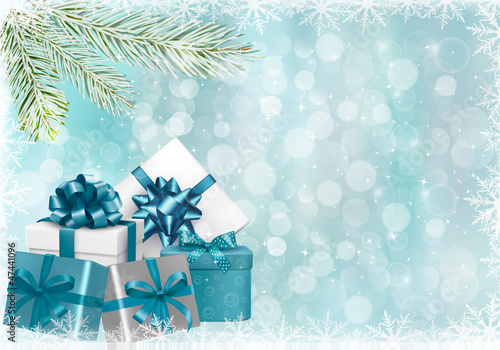 Vector: Christmas blue background with gift boxes and snowflakes. Vector Christmas blue background with gift boxes and snowflakes. Vector