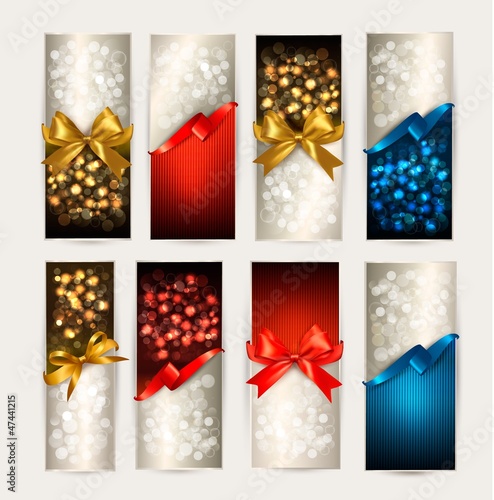 Vector: Set of colorful Gift cards with gift bows with ribbons. Vector Set of colorful Gift cards with gift bows with ribbons. Vector