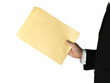 A suited man having a brown envelope white background