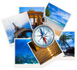 Traveling photos collage with compass on white background