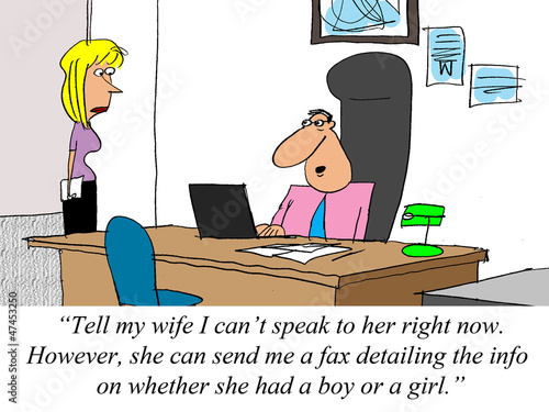 Illustration: Businessman is too buy to learn whether wife had a boy or girl. Businessman is too buy to learn whether wife had a boy or girl.