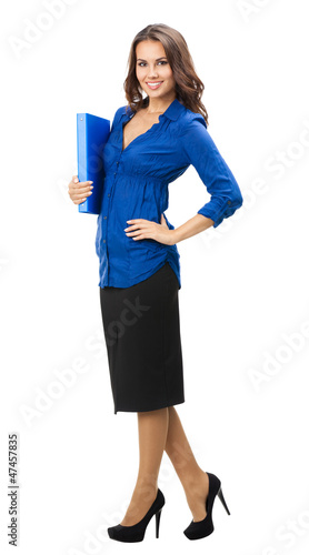 Photo: Businesswoman with blue folder, isolated Businesswoman with blue folder, isolated