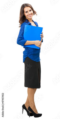 Photo: Businesswoman with blue folder, isolated Businesswoman with blue folder, isolated