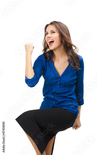 Photo: Happy gesturing businesswoman , on white Happy gesturing businesswoman , on white