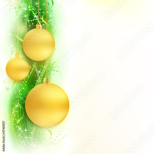 Vector: Green golden wavy pattern star border with Christmas balls Green golden wavy pattern star border with Christmas balls
