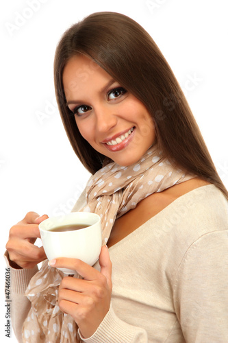 Photo: beautiful young woman with cup of coffee, isolated on white beautiful young woman with cup of coffee, isolated on white