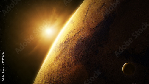 Illustration: Planet Mars close-up with sunrise in space Planet Mars close-up with sunrise in space