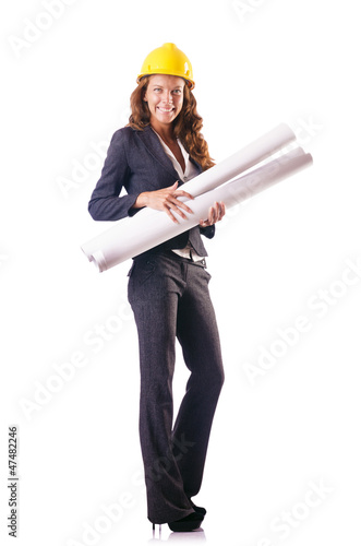 Photo: Woman construction worker with hard hat on white Woman construction worker with hard hat on white