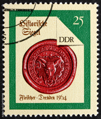 Photo: Postage stamp GDR 1988 Dresden Butcher, Seal from 1564 Postage stamp GDR 1988 Dresden Butcher, Seal from 1564