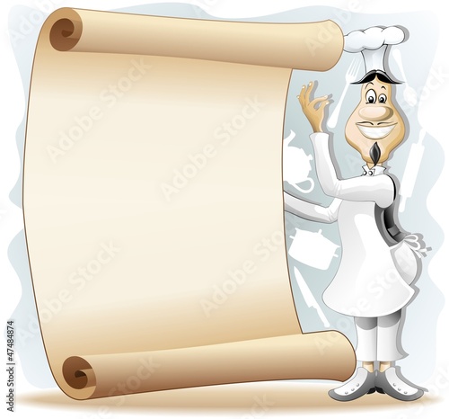 Vector: Cook Chef Cartoon with Vintage Poster Menu-Cuoco con Pergamena Cook Chef Cartoon with Vintage Poster Menu-Cuoco con Pergamena