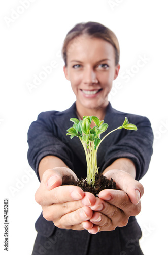 Photo: Businesswoman with seedling on white Businesswoman with seedling on white