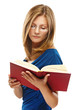 young woman in blue dress reads red book