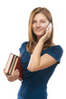 woman-student with books talking on cell phone