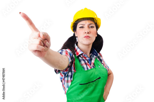 Photo: Female construction worker isolated on white Female construction worker isolated on white