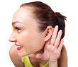 distorted photo of young woman using hand to cover her to listen