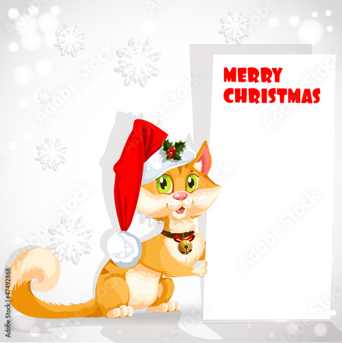 Vector: Cute cat in Santa's hat holding a banner congratulating Cute cat in Santa's hat holding a banner congratulating