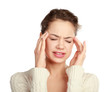 A young woman with a headache holding head