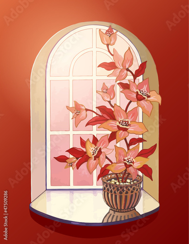 Illustration: Illustration flower in flowerpot at window Illustration flower in flowerpot at window