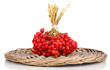 red berries of viburnum on wicker mat isolated on white
