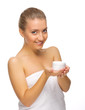 Young healthy woman with body cream isolated