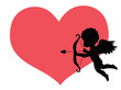 Silhouette of a cupid and a big red heart on the background.