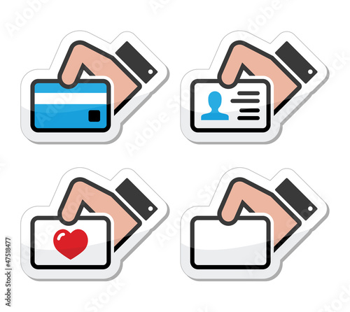 Vector: Hand holding credit card, business card, ID icons set as labels Hand holding credit card, business card, ID icons set as labels
