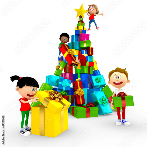 Illustration: 3D kids opening Christmas presents 3D kids opening Christmas presents