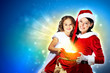 Little girl with christmas gifts and santa