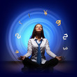 Business woman with financial symbols around