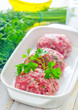 Raw meat balls in the white bowl
