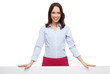 Businesswoman with hands on banner