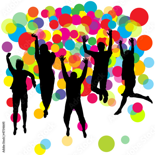 Illustration: Happy boys and girls jumping over colored balls background Happy boys and girls jumping over colored balls background