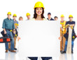 Contractor woman and group of industrial workers.