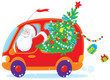 Vector: Santa carries Christmas tree and gifts in a red car Santa carries Christmas tree and gifts in a red car