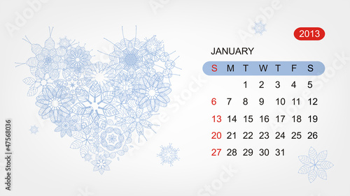 Vector: Vector calendar 2013, january. Art heart design Vector calendar 2013, january. Art heart design