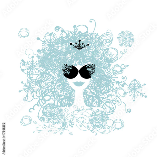 Vector: Stylized woman hairstyle with snowflake. Winter concept Stylized woman hairstyle with snowflake. Winter concept