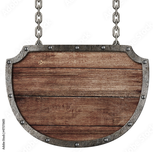 Photo: medieval signboard hanging on chains isolated on white medieval signboard hanging on chains isolated on white