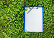 Photo: Blue medical clipboard with a pen over lush green clover grass Blue medical clipboard with a pen over lush green clover grass