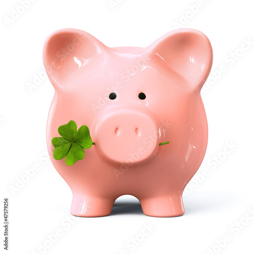 Illustration: Piggy bank with four leaf clover Piggy bank with four leaf clover
