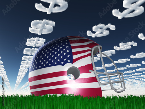 Illustration: American Flag Football Helmet on Grass with DollarSymbol Clouds American Flag Football Helmet on Grass with DollarSymbol Clouds