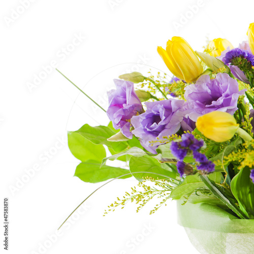 Photo: fragment of colorful bouquet of roses, tulips and freesia isolat fragment of colorful bouquet of roses, tulips and freesia isolat