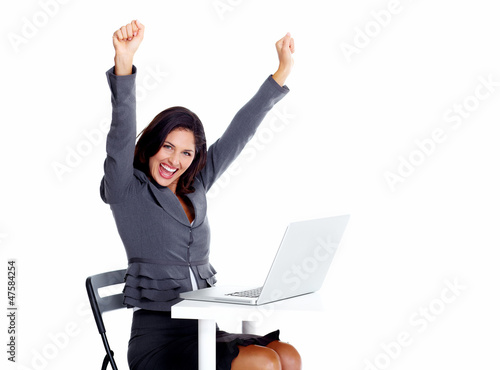 Photo: Happy business woman with laptop computer. Happy business woman with laptop computer.