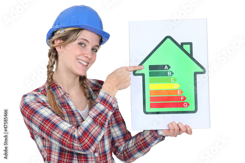 Photo: Worker promoting energy savings. Worker promoting energy savings.