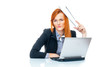 Shrugging business woman in doubt doing shrug showing