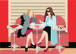 Beautiful girls eat sushi lunch in cafe of restautant.