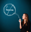 Young lady smoking unhealthy cigarette with no smoking sign