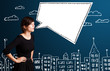 Young woman with abstract modern speech bubble